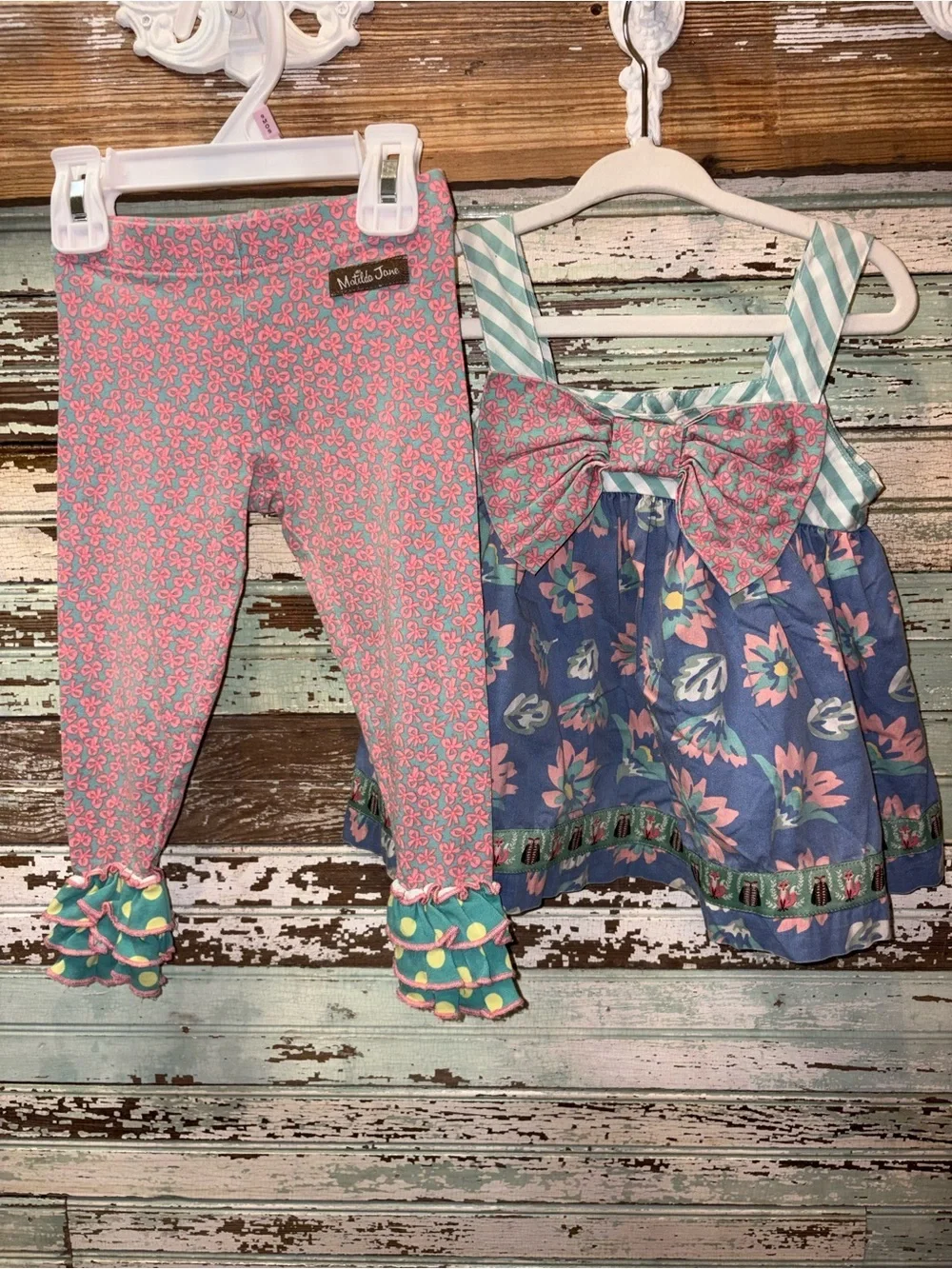 Matilda Jane Aqua & Pink Bow Floral Fox & Fox Print Leggings 2 piece Set Outfit